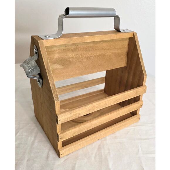 Wooden Bottle Tote w/Metal Handle & Bottle Opener "6 pack" 8.5"x8.5"x 6 - Picture 1 of 4